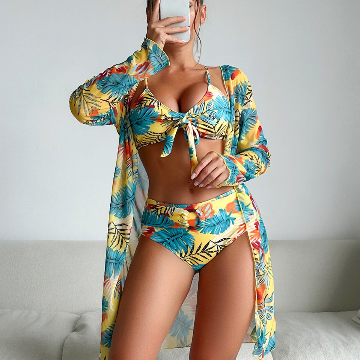 Women 3‑Piece Floral Swimsuit  - Kimono Sheer Floral 评论和价格