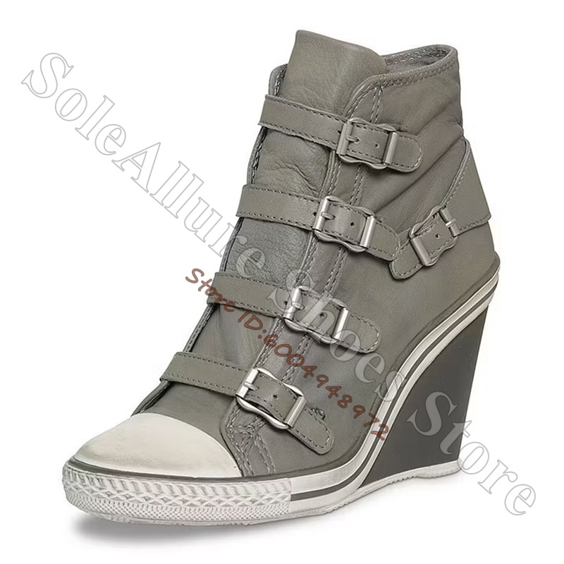 Grey Multi Buckle High Top Wed - Wedge Espadrille Women 评论和价格